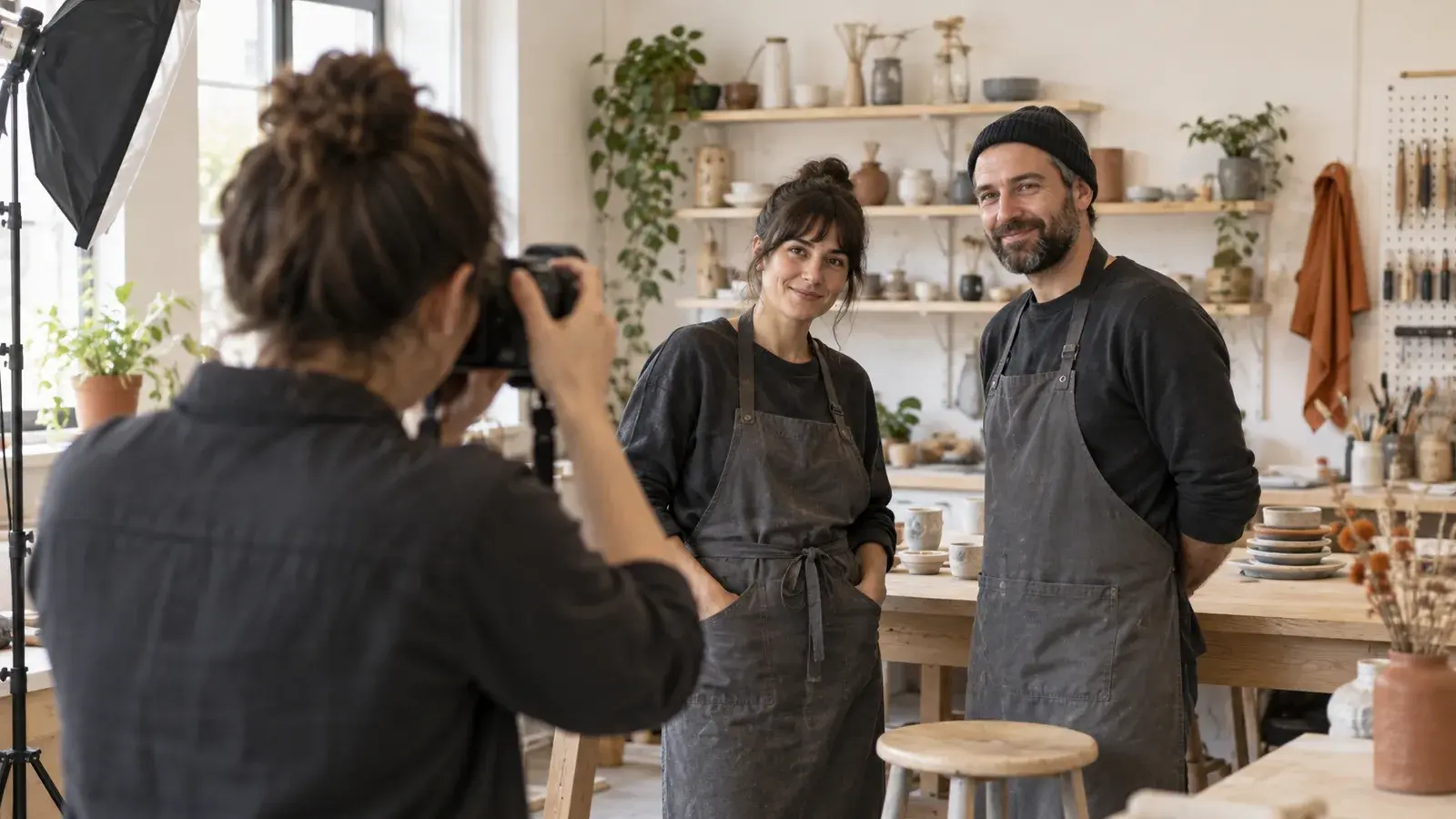 Eine fotografierende Person nimmt zwei Mitarbeitende in einer hellen Werkstatt auf