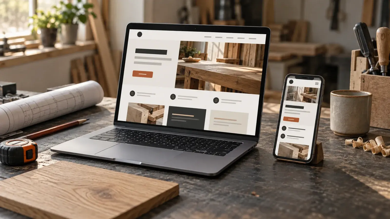 Laptop und Smartphone mit einer übersichtlichen Handwerker-Website auf einer Werkbank mit Werkzeug und Holzmustern