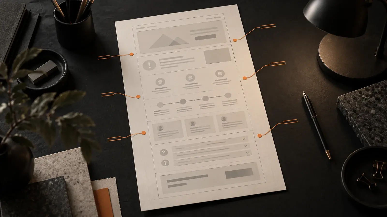 Kommentierter Wireframe mit klar gegliederten Bereichen einer Leistungsseite von Einstieg bis Kontakt